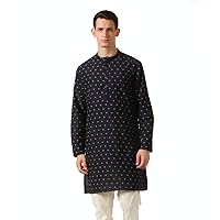 In-Sattva Men's Mandarin Collar Micro Dobby Fine Print Mid-Length Kurta Tunic