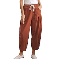 Minibee Womens Casual Pants Wide Leg Baggy Tapered Capri Drawstring Elastic Waist Ankle Trousers with Pockets