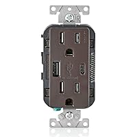 Leviton T5633-B Type A & Type-C USB In-Wall Charger with 15A Tamper-Resistant Outlet, USB Charger for Smartphones and Tablets. Not for Laptops, Brown