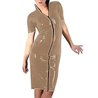23 Colors Lady Zipper Short Sleeve Clubwear Wetlook PVC Slim Dress (Light Brown,3XL)