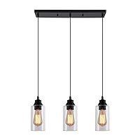 Industrial 3-Light Modern Black Pendant Light, Adjustable Hanging Light Fixture with Clear Glass Shade, Mini Chandelier Lighting, Vintage Farmhouse Ceiling Lamp for Kitchen Dining Room