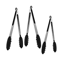 (3 Pack) 12-Inches Stainless Steel Kitchen Tongs with Black Silicone Tips by Tezzorio, Non-Stick Heat Resistant Locking Utility Tongs, Commercial Quality Cooking Tongs