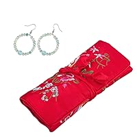 TUMBEELLUWA Embroidery Travel Jewelry Bag & Aquamarine Dangle Earrings Circular Round Bead Hoop Earrings
