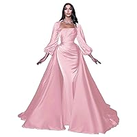Satin Square Neck Long Lantern Sleeve Ruched Mermaid Bodycon Formal Dress Prom Party Gown with Train Elegant DR0083