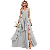 Women's Sleeveless V-Neck Bridesmaid Dress Long Chiffon A-Line Formal Dress with Pocket