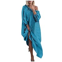 Women's Bohemian Flowy Beach Round Neck Glamorous Dress Casual Loose-Fitting Summer Sleeveless Knee Length Print Swing Blue