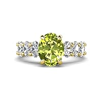 5.00 ctw Peridot Oval Shape (9x7 mm) & Lab Grown Diamond Oval Shape (5x3 mm) Prong set Hidden Halo Engagement Ring in 14K Gold