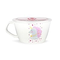 Unique Shape Microwavable Ceramic Noodle Bowl with Handle and Seal Fine Porcelain (PurpleUnicorn)