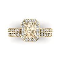 Clara Pucci 2.20ct Emerald Cut Halo Solitaire Natural Morganite Engagement Anniversary Wedding Ring Band set 18K Yellow Gold