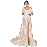 Women's Off The Shoulder Prom Dresses Satin A Line Formal Evening Ball Gowns with Pockets