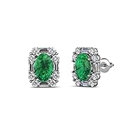 Oval Cut Emerald Natural Diamond 1 1/4 ctw Women Halo Stud Earrings 14K Gold