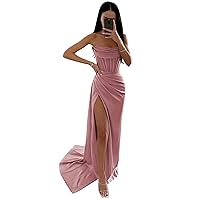 BOLENSYE Women's Cowl Neck Prom Dresses Long Satin Bridesmaid Dress with Slit Strapless Ruched Formal Evening Gown