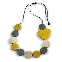 Avalaya Yellow/White/Grey Wooden Coin Beads with Heart Motif Cord Long Necklace - 90cm Max Length/Adjustable