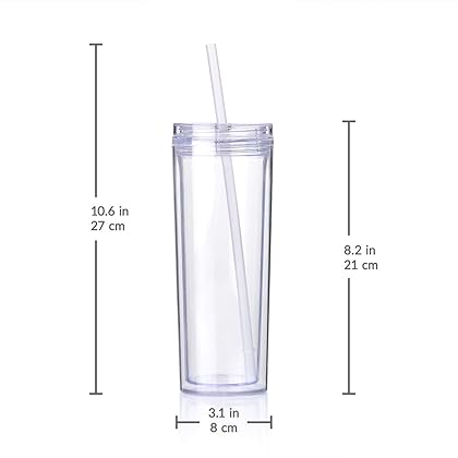 Cupture Skinny Acrylic Tumbler Cups with Straws - 18 oz, 8 Pack (Clear)