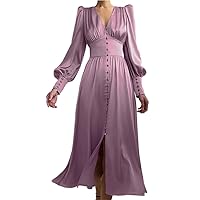 Women' Lantern Sleeve Elegant Dress Autumn Long V-Neck Slim Waist Chic Casual Retro