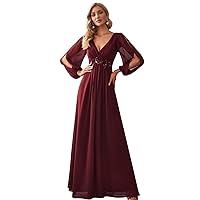 Elegant Party Dress Sling Long Sleeve V-Neck A-Line Chiffon Maxi Evening Dress