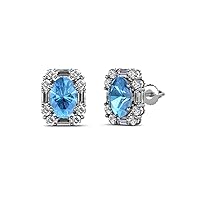 Oval Cut Blue Topaz Natural Diamond 1 1/4 ctw Women Halo Stud Earrings 14K Gold