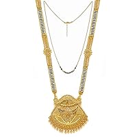 Presents Gold Plated Yellow Non-Precious Metal Brass Cubic Zirconia Hand Meena 30Inch Long, 18Inch Short Chain Black Beads Pendant Necklace Mangalsutra for #Frienemy-1798