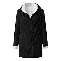 Women's Lapel Sherpa Fleece Loose Lined Denim Jacket Winter Button Down Solid Color Warm Thicken Coat Outerwear Hoodie