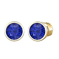 Bezel Set Round Cut Created Gemstones (7MM) Solitaire Stud Earrings 14K Yellow Gold Over .925 Sterling Silver For Women's