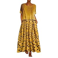 Women Two Piece Polka Dots Boho Dress Crewneck Short Sleeve Flowy Maxi Dresses with Pockets
