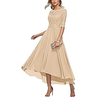 Women's Scoop Half Sleeves Chiffon Mother of The Bride Dress High Low Formal Evening Gown Champagne US26W