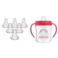 Dr. Brown's Baby Bottle Nipples and Sippy Cup, Level 3 Medium-Fast Flow 100% Silicone Nipples 6 Pack and Transition Cup with Soft Spout
