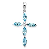 925 Sterling Silver Polished Rhodium Lt Sw Blue Topaz Religious Faith Cross and Diamond Pendant Necklace Measures 31x16mm Wide Jewelry for Women