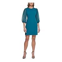 DKNY Womens Teal Stretch Zippered Clip Dot Sheer Elbow Sleeve Round Neck Above The Knee Party Shift Dress 6