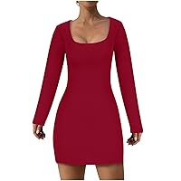 Women's Solid Ribbed Mini Dress Square Neck Long Sleeve Bodycon Dress Stretch Slim Lounge Sexy Pencil Dresses