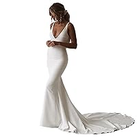 Mermaid Wedding Dress V-Neck Open Back Boho Wedding Gown White Plain Long Train Buttons Beach Evening Gown Bridal Dress