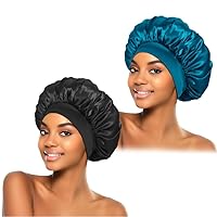 Silk Satin Bonnet for Sleeping, Hair Bonnets for Curly Hair, Shower Cap Bonnet for Women with Soft Elastic Band (Black Peacock Blue)