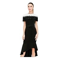 Petite to Regular 60s Inspired High Neck Monochrome with Fringe High Low Dress