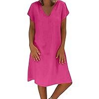 Pink Dress for Women Sexy Linen Dresses for Women V Neck Short Sleeve Tunic Dress 2024 Casual Mini Dresses Summer Sundress Relaxed Fit Dress Vestidos De Verano para