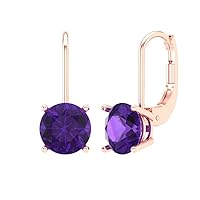 2.9ct Round Cut Solitaire Natural Amethyst Unisex Lever back Drop Dangle Earrings 14k Rose Gold conflict free Jewelry