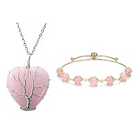 Top Plaza Bundle – 2 Items: Natural Rose Quartz Healing Crystal Necklace Heart Shape Stone Pendant & Natural Crystal Bracelets Healing Crystal Stone Bead Bracelet