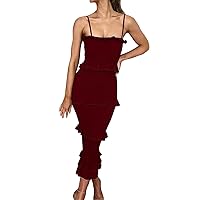 Women's Summer Dresses Casual Ladies Solid Sexy Suspender Pleated Cake Pleated Temperament Dress Dress(Wine,Small)