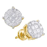 The Diamond Deal 14kt Yellow Gold Womens Princess Round Diamond Soleil Cluster Earrings 1-1/2 Cttw