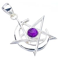 StarGems® Natural Amethyst Star And MoonHandmade 925 Sterling Silver Pendant 1.5