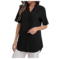 Women Henley Style Stand Collar Short Sleeve Dressy Tops Summer Curved Hem Button V-Neck Casual Loose Pullover Tees