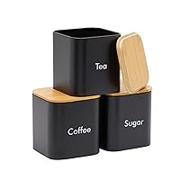 Coffee Tea Sugar Container Set - Black Stainless Steel Kitchen Canister Set with Bamboo Lids (3 Pieces, 48 oz)