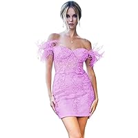 Short Prom Dresses Feather Tulle Satin Lace Applique Off Shoulder Backless Bodycon Formal Evening Dresses PA955