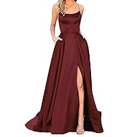 Women's Halter Prom Dresses Long Side Spilt Backless Satin Formal Evening Gowns with Pockets