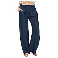 SNKSDGM Womens Wide Leg Cotton Linen Pants Beach Casual High Elastic Waisted Palazzo Pant Comfy Solid Trouser with Pocket