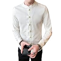 Men Long Sleeve Linen Shirt Mandarin Collar Casual Kimono Traditional Chinese Style Dress Shirts