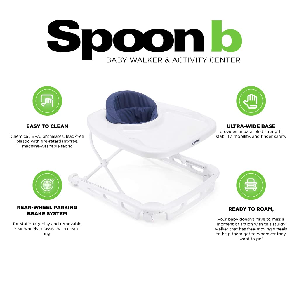 Joovy Spoon B Baby Walker & Activity Center Featuring Super-Sized Tray with Dishwasher-Safe Insert, Ultra-Wide Base, Three Adjustable Heights, and Rear-Wheel Parking Brake (Slate)