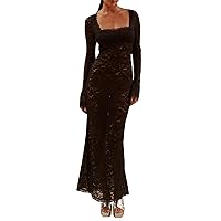 Women Sexy Trend Lace Splicing Long Sleeve Square Wrap Hip Long Skirt Casual Dress