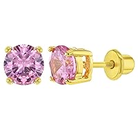 Gold Plated Pink Cubic Zirconia Prong Set Classic Round Earrings for Toddlers and Young Girls 6mm - A Thoughtful Gift for Birthdays, Holidays, and Special Occasions