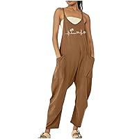 Women's Cotton Linen Overalls Jumpsuit, Loose Fit Sleeveless Harem Pants Casual Romper Jumpsuits with Big Pockets