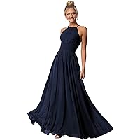 Women's Halter Bridesmaid Dresses for Wedding Long Chiffon Empire Waist Pleated A-line Formal Evening Prom Party Dress